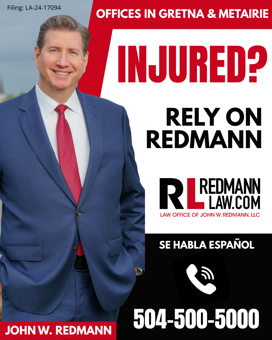 Law Office of John W. Redmann Facebook ad: Hurt in a car accident?