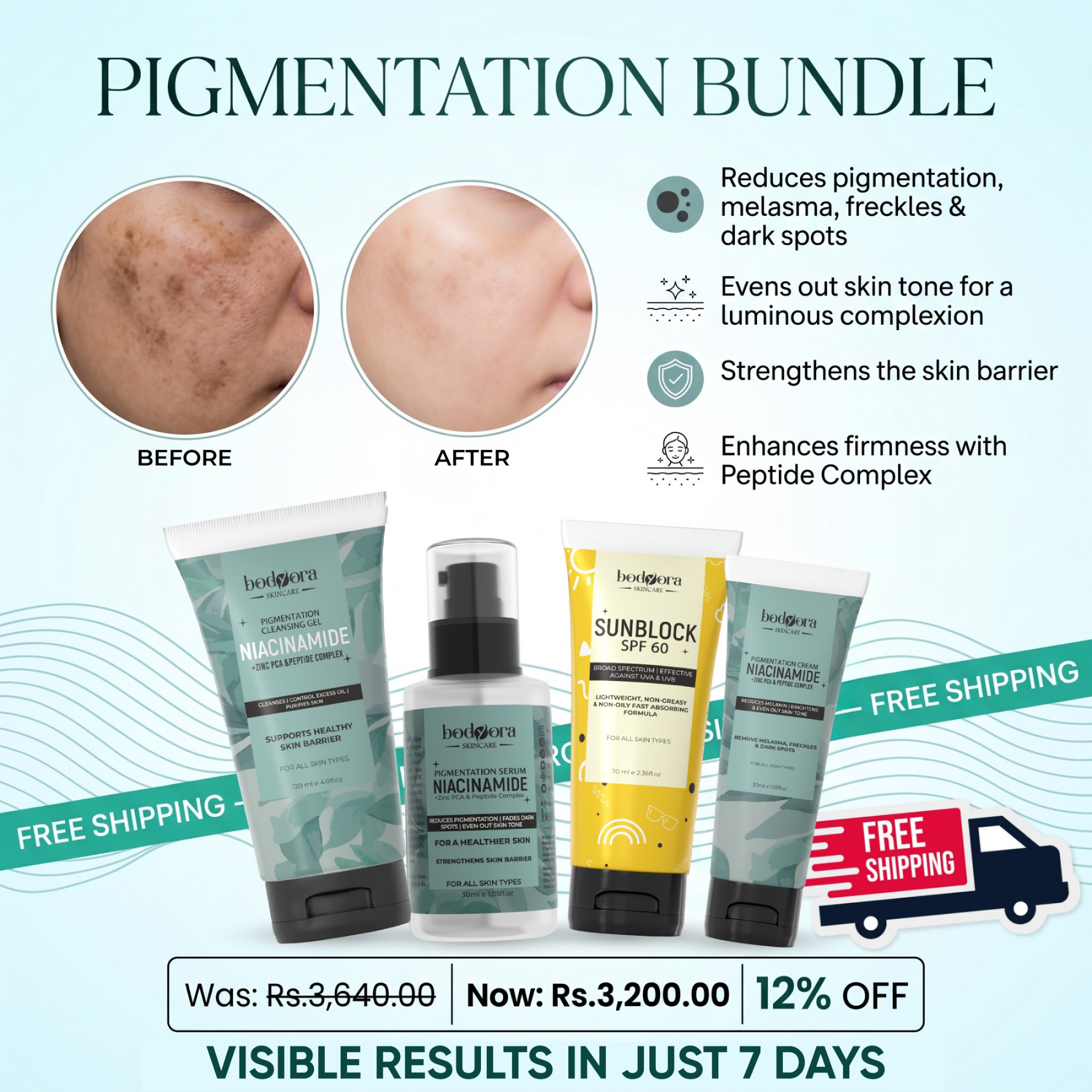 Bodyora Skincare Facebook ad: Pigmentation bundle, 12% off + free delivery