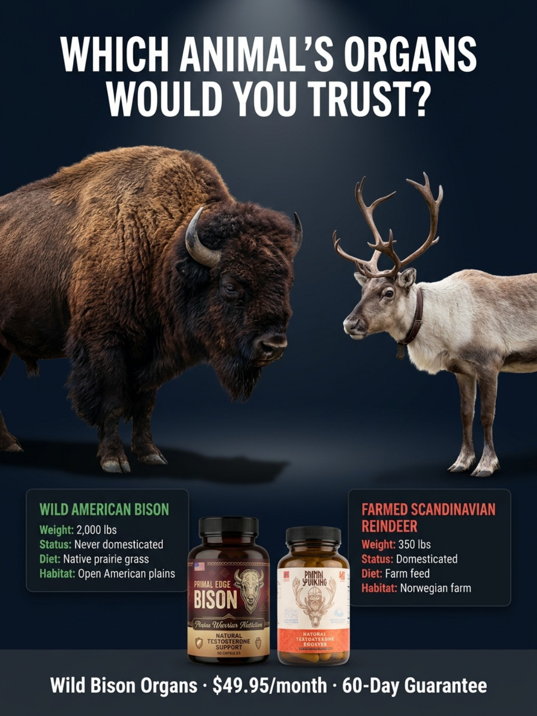 Men's Wellness Secrets Facebook ad: Farmed Reindeer From Norway vs Wild American Bison, Know…