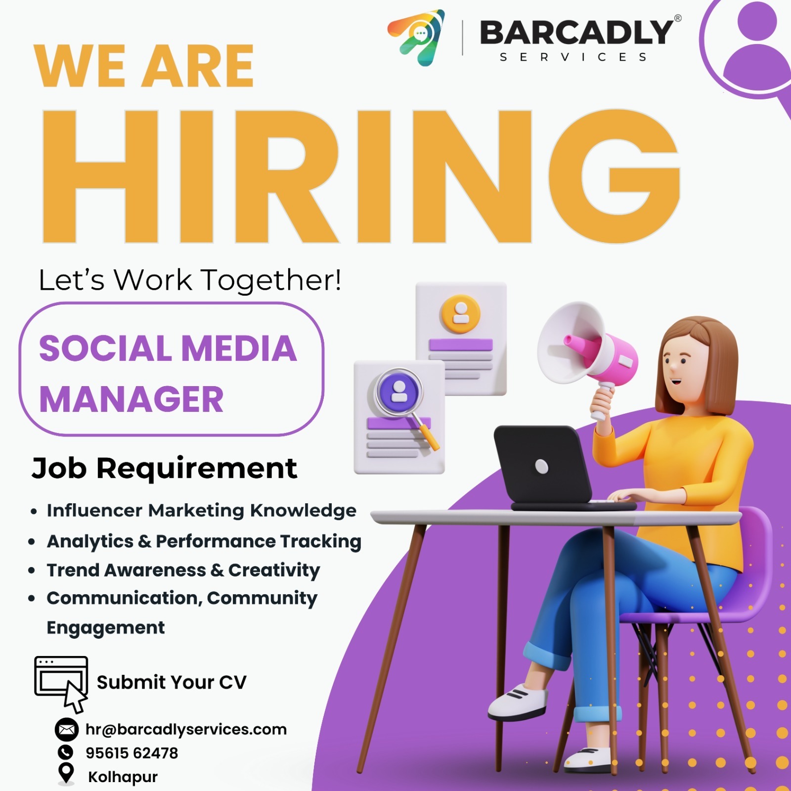Barcadly Services - Digital Marketing Agency Facebook ad: We’re Hiring a Social Media Manager