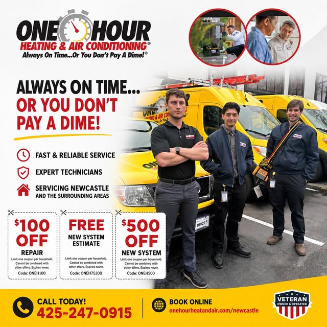 One Hour Heating & Air Conditioning of Newcastle Facebook ad: Save Up to $500 on HVAC Service