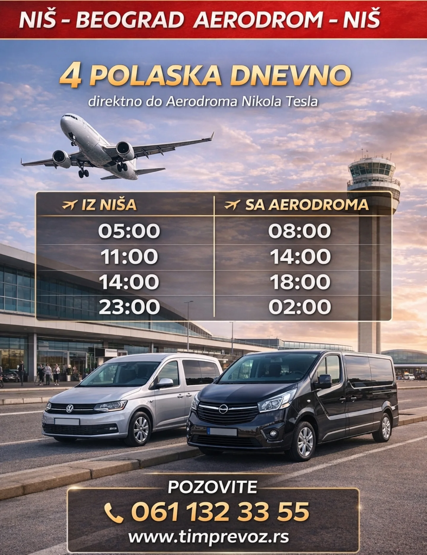 TIM kombi prevoz putnika Facebook ad: Kombi prevoz Niš, Beograd aerodrom, Niš
