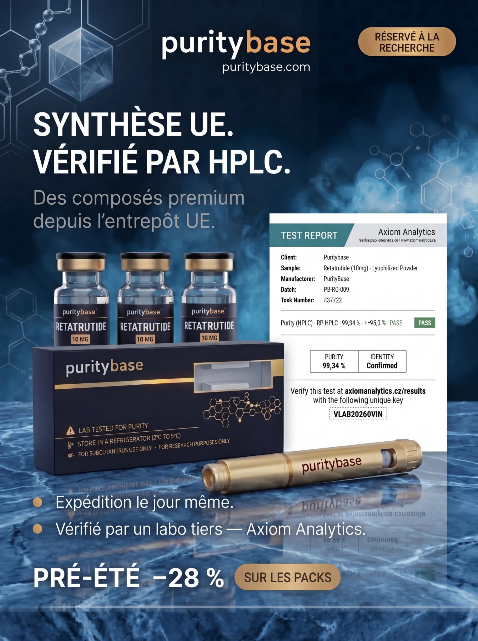 PurityBase Facebook ad: ≥99 % Reinheit. Unabhängig geprüft. Sofort lieferbar