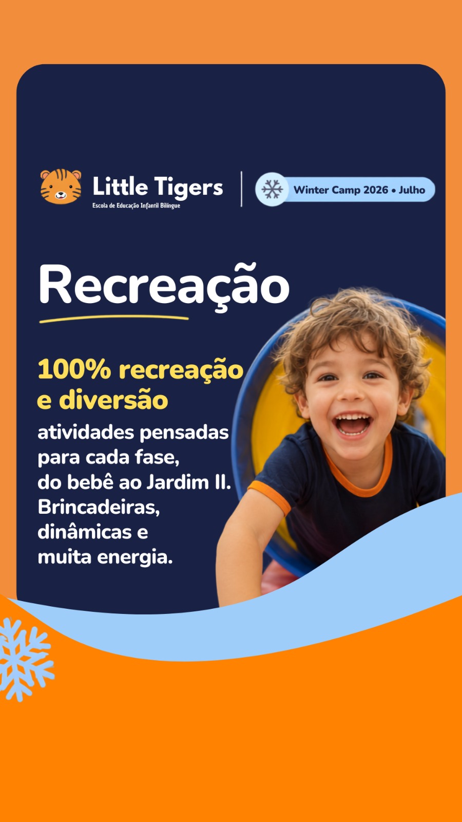 Little Tigers Facebook ad: Winter Camp 2026: férias de julho que sua família vai amar