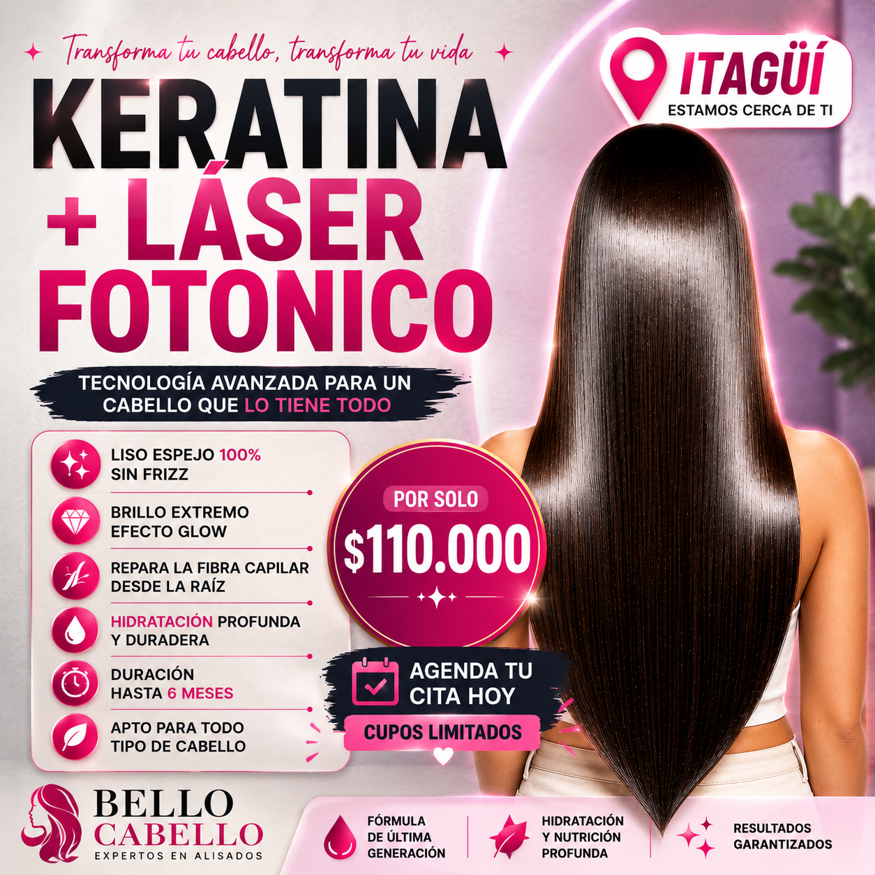 Centro de keratinas Bello Cabello Facebook ad: Keratina + Hidratación + Láser Fotónico