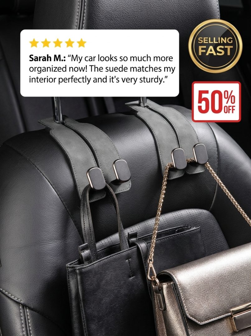 Propaneling Facebook ad: Suede‑Wrapped Headrest Car Hooks | Elegant In‑Vehicle…