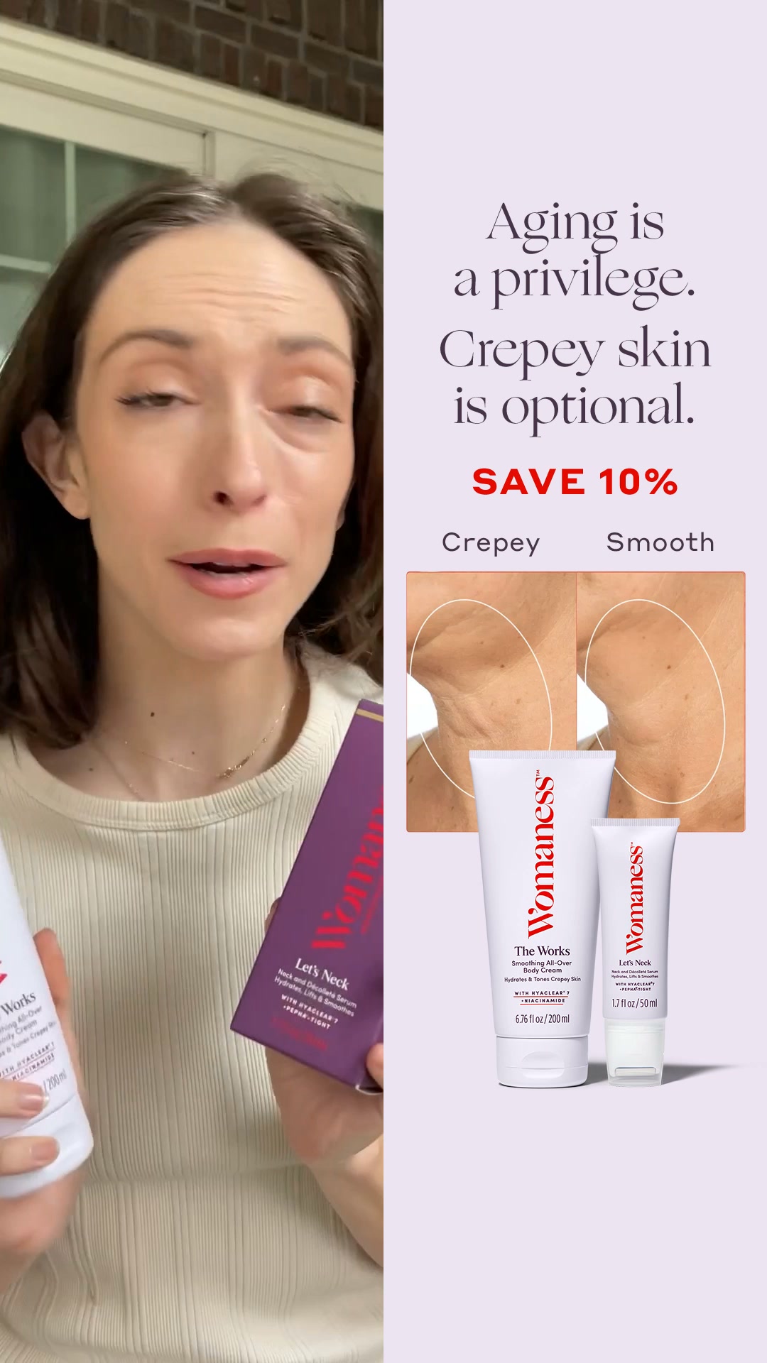Womaness Facebook ad: Skincare Made for Menopausal Skin, Save Up To 10%
