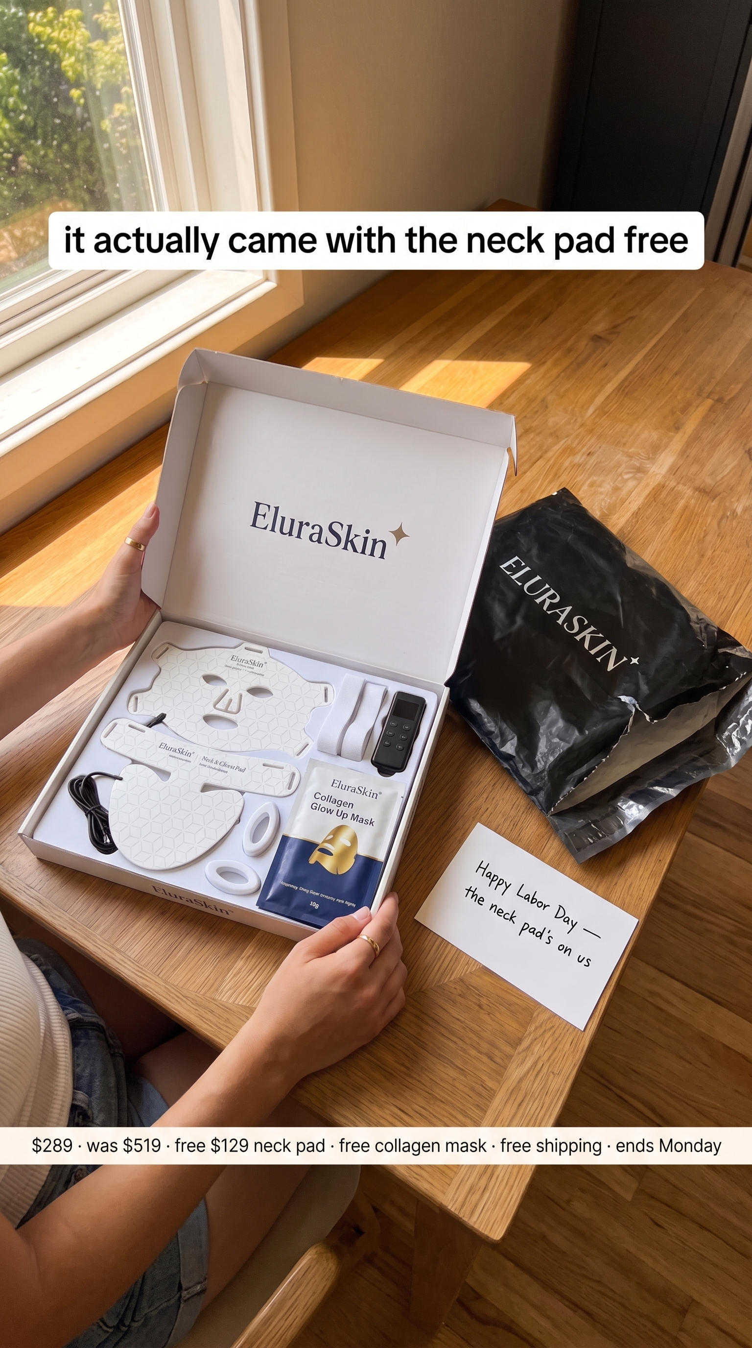 Elura Skin Facebook ad: Free $129 Neck Pad This Weekend