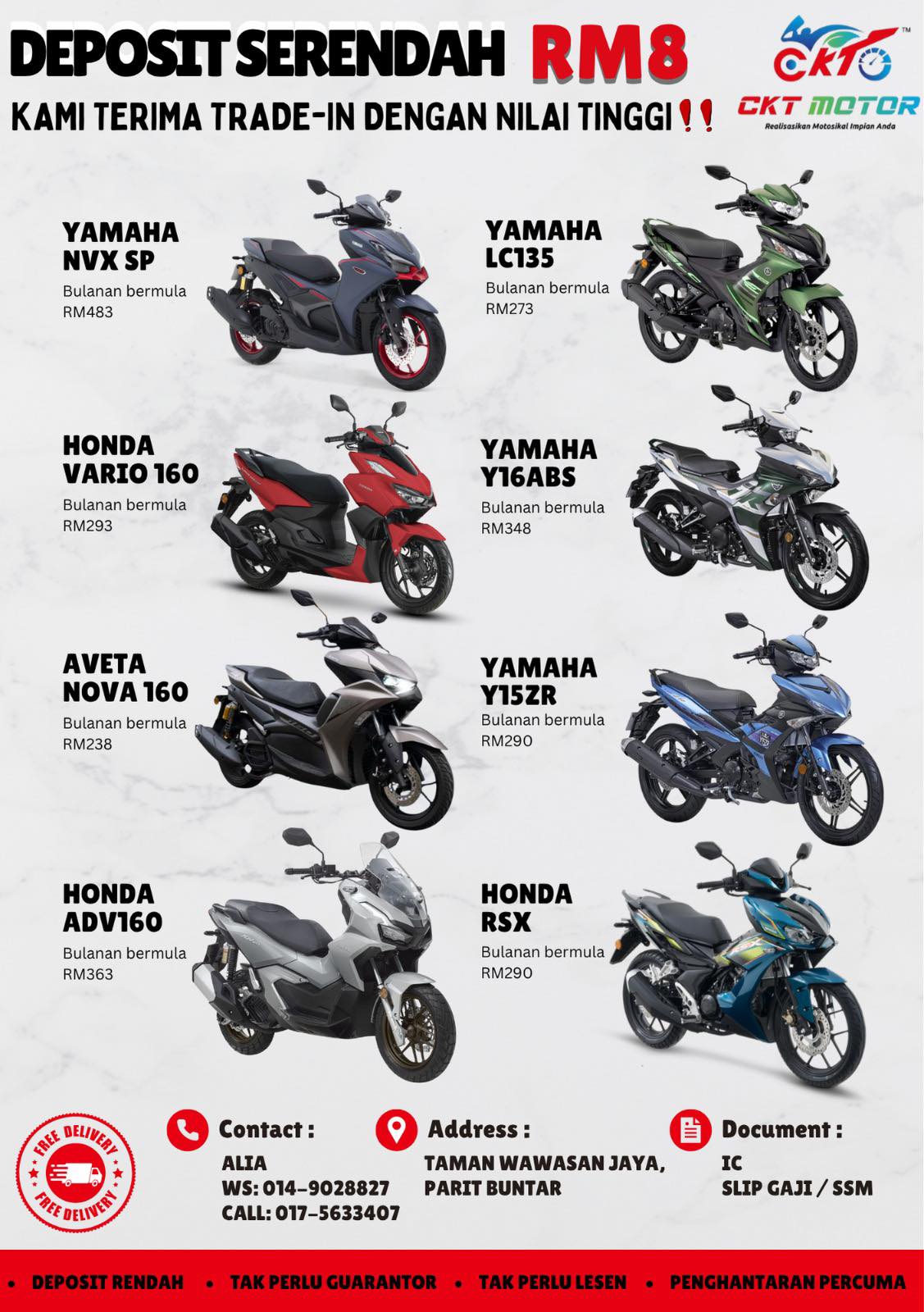 Alia CKT MOTOR Facebook ad: PROMOSI MOTOR BARU, MUKA SERENDAH RM8 SAHAJA!