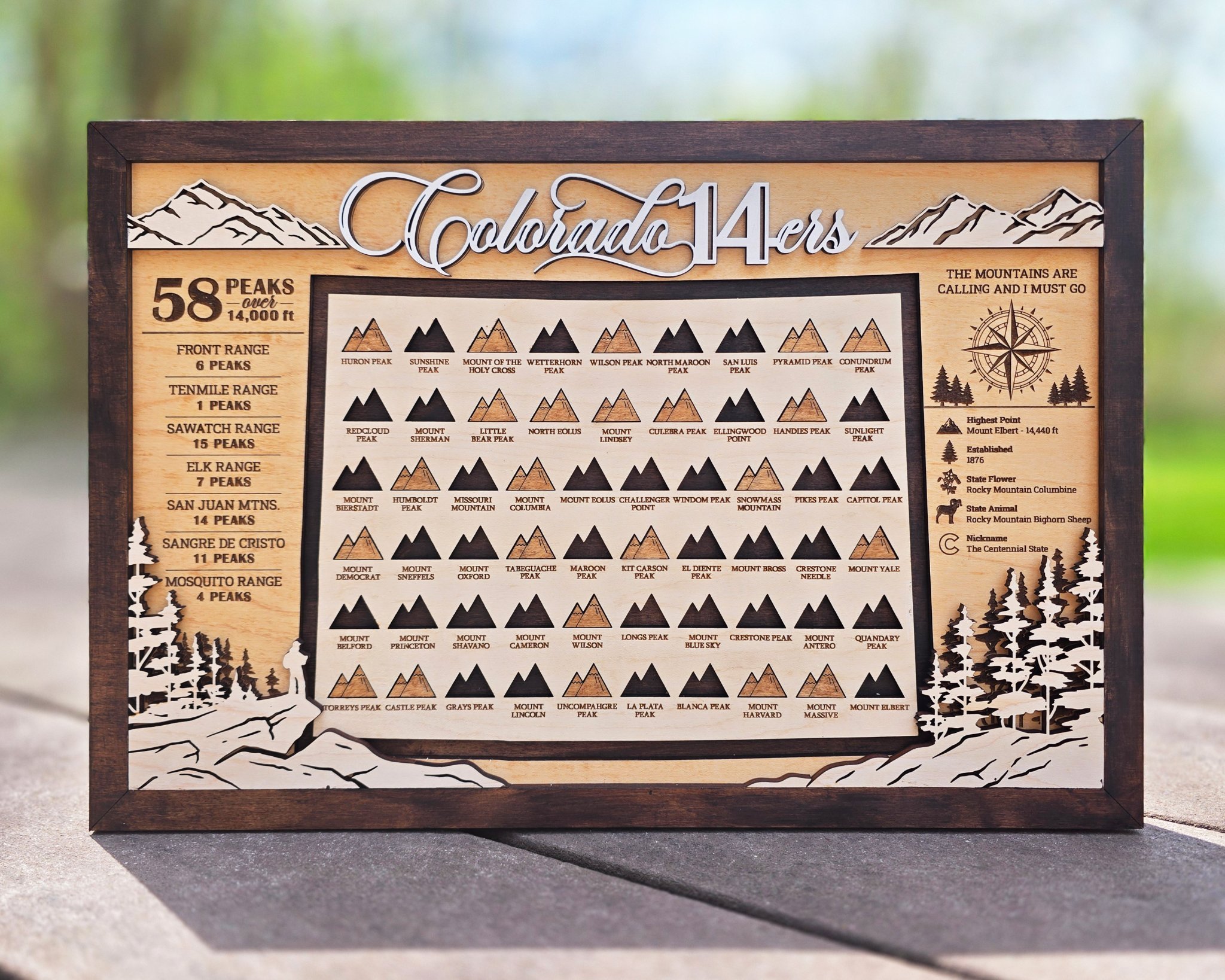 James Wagoner Facebook ad: Colorado 14ers Laser Engraved Wood Wall Art, 58 Peaks…
