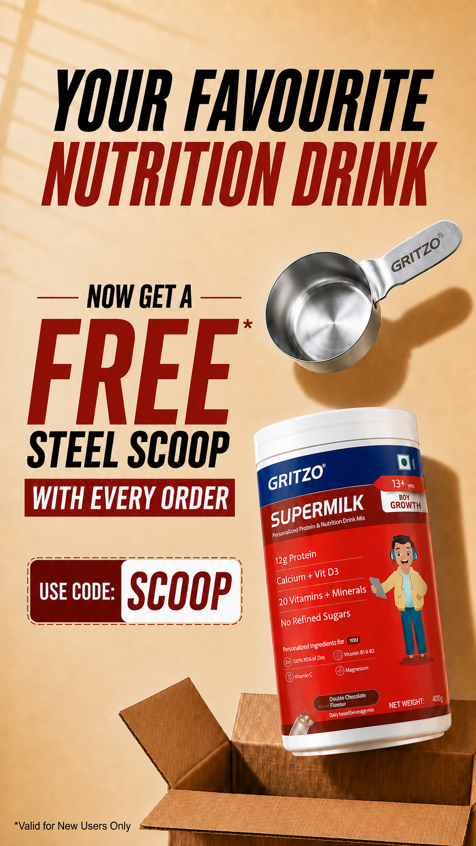 Gritzo- Personalised Nutrition Facebook ad: Get a FREE Steel Scoop with Code: SCOOP.