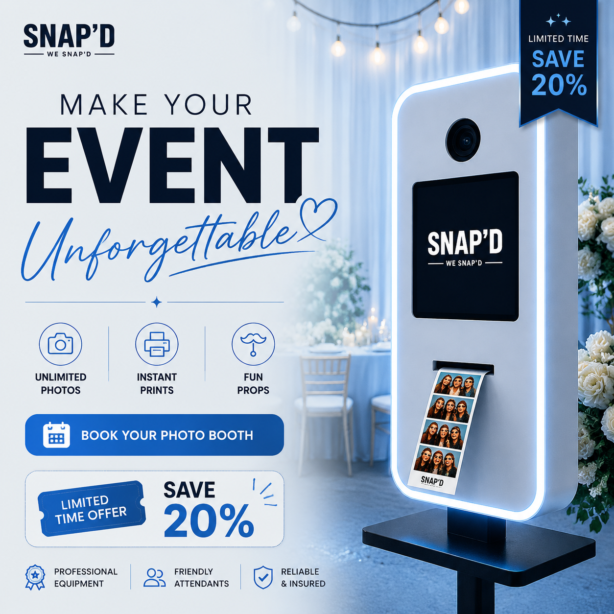 Snap’d - Photo-Booth Rental Facebook ad: Book This Week, Save 20%