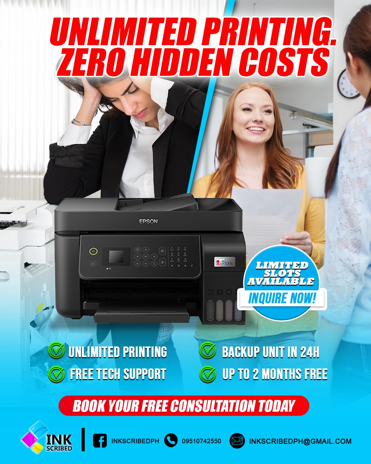 INKscribed PH Facebook ad: Unlimited Printing. Zero Downtime. Guaranteed.