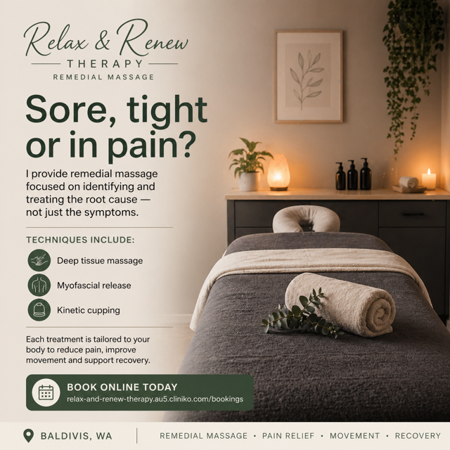 Relax & Renew Therapy Facebook ad: Remedial Massage - Book Online