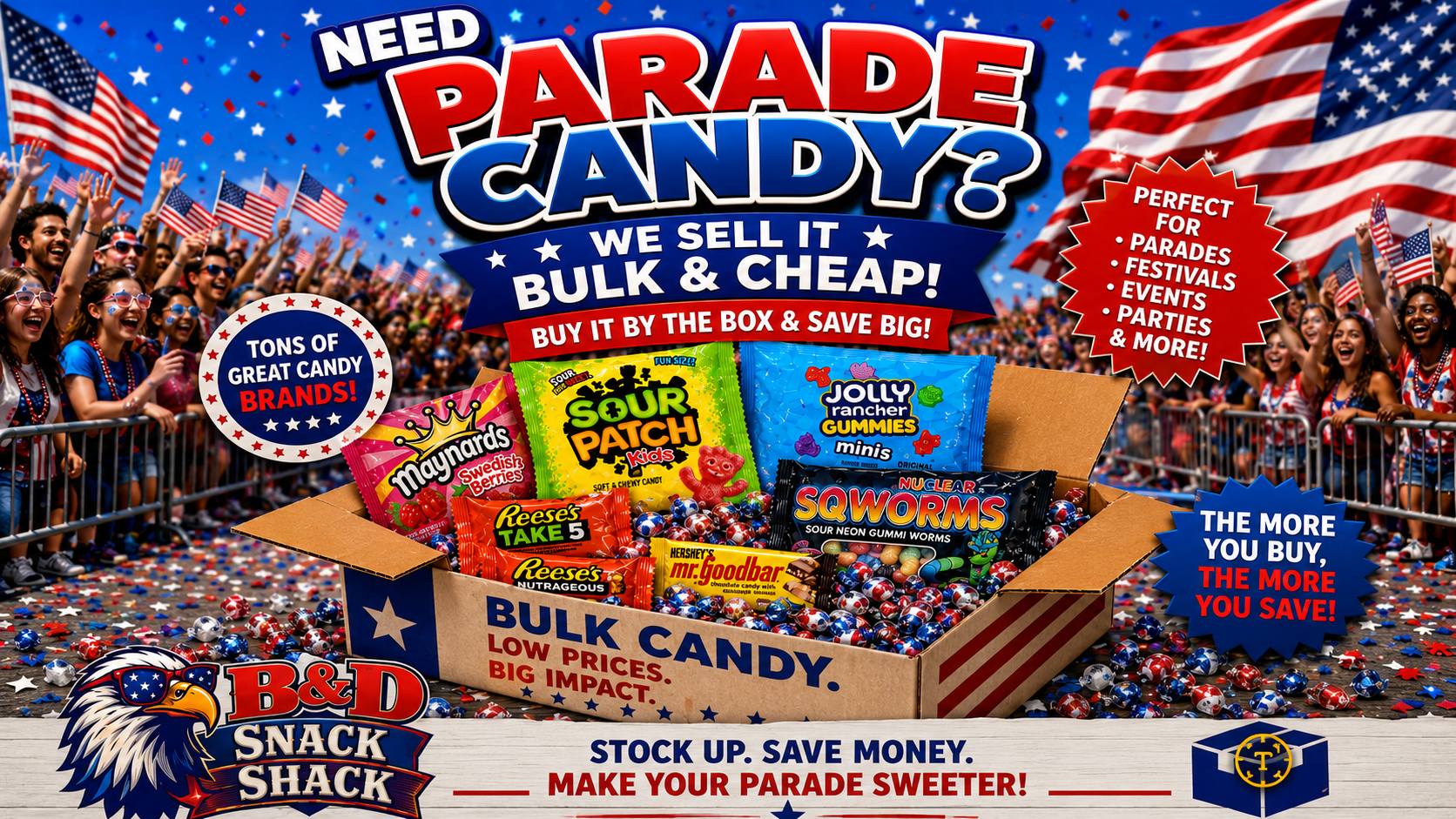 B&D Snack Shack Facebook ad: DO YOU NEED LABOR DAY PARADE CANDY?