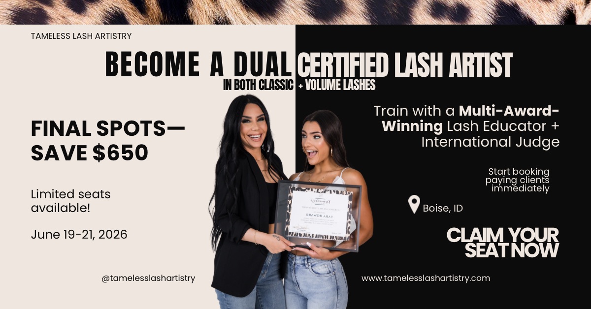Tameless Lash Artistry Facebook ad: LASH TRAINING BOISE
