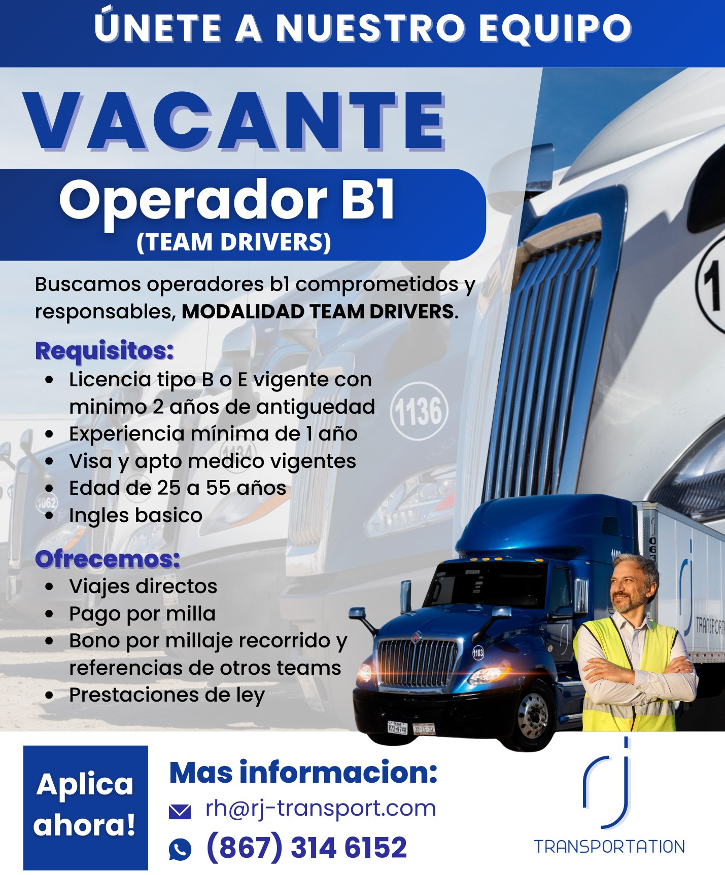 RJ Transportation Facebook ad: ¡BUSCAMOS OPERADORES B1 EN MODALIDAD TEAM!