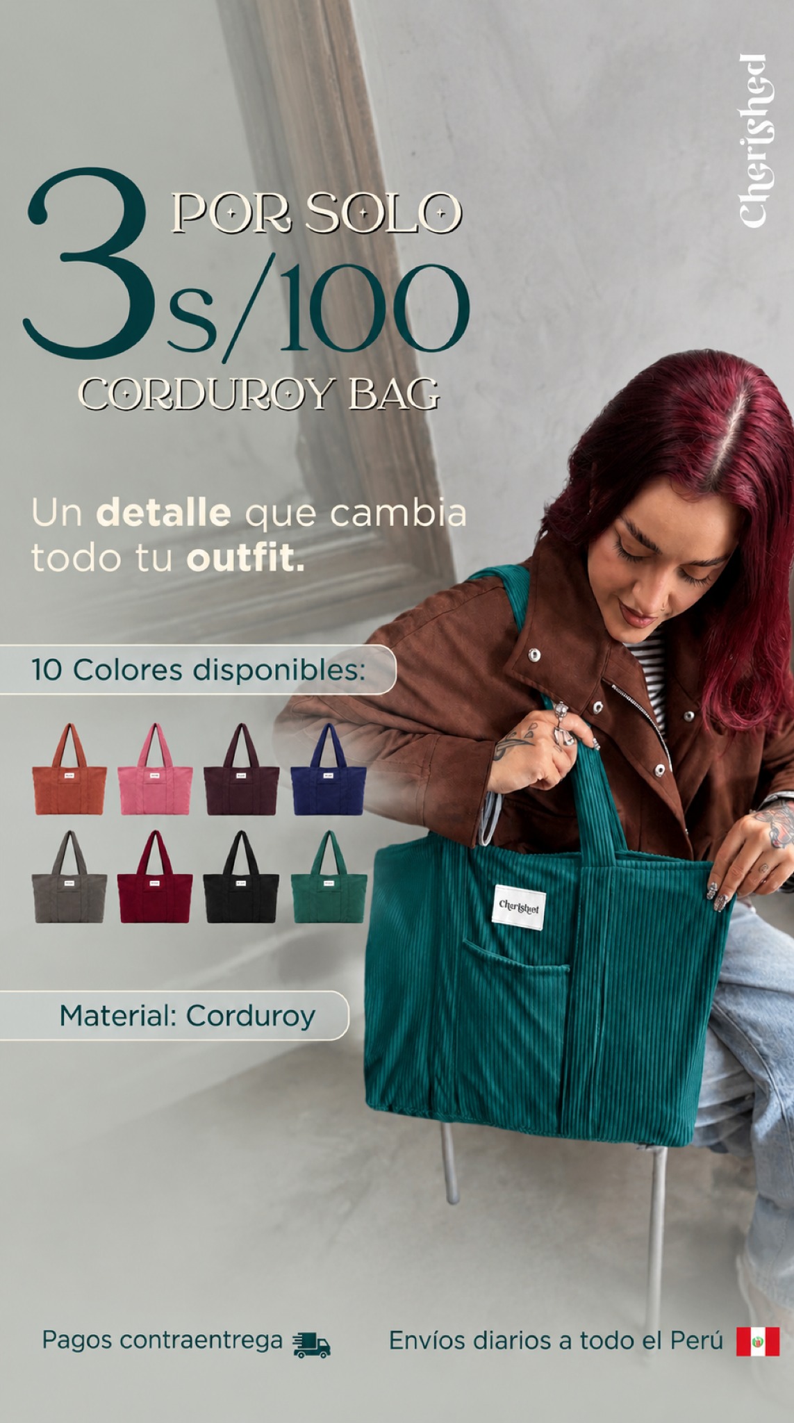 Cherished Perú Facebook ad: Bolsos Corduroy: 3 x S/100