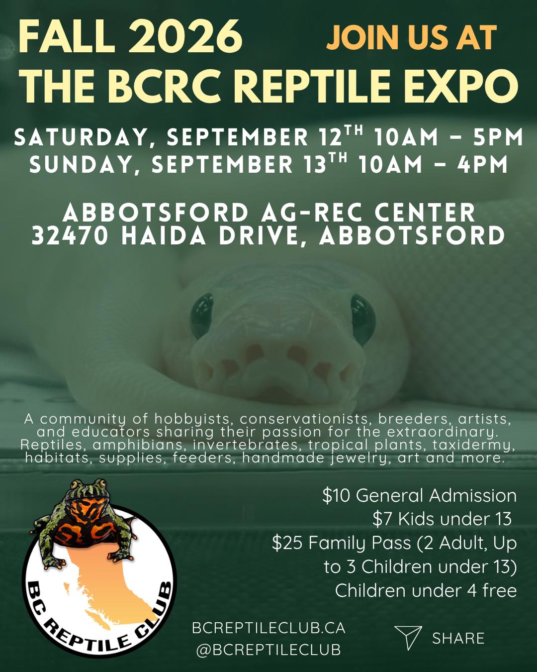 BC Reptile Club (BCRC) Facebook ad: Mark your calendars for September 12th & 13th…