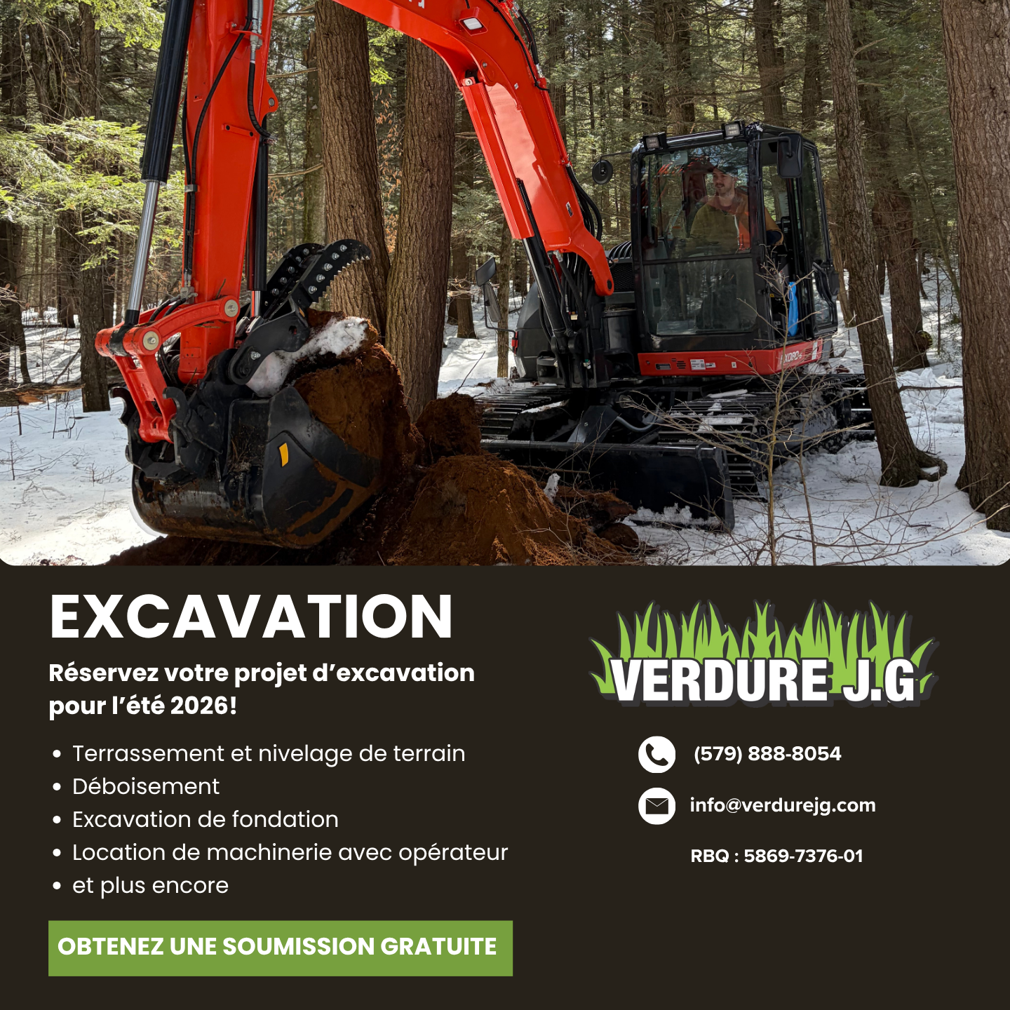 Verdure J.G Facebook ad: Excavation professionnelle dans les Laurentides