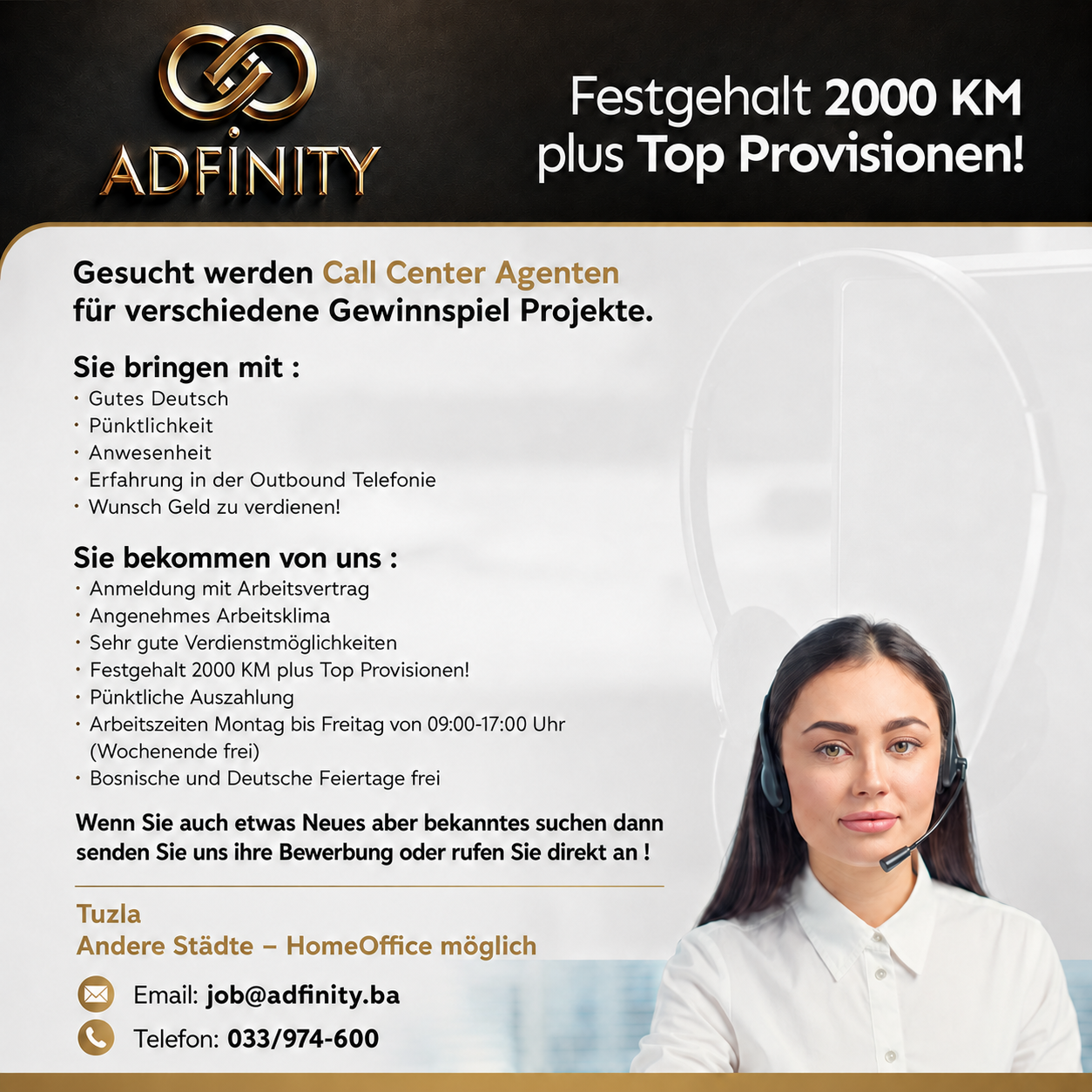 AdFinity Facebook ad: Deutsch sprechen. 2.000 KM fix verdienen.