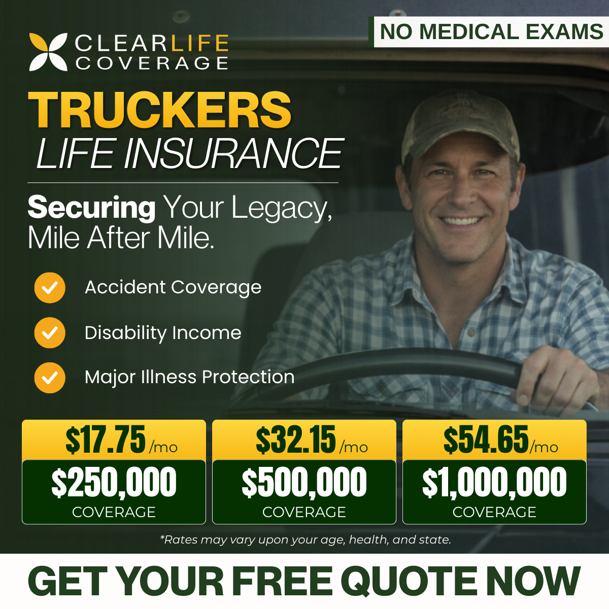 ClearLife Coverage Facebook ad: NO BLOODWORK. EASY APPROVAL FOR TRUCK DRIVERS