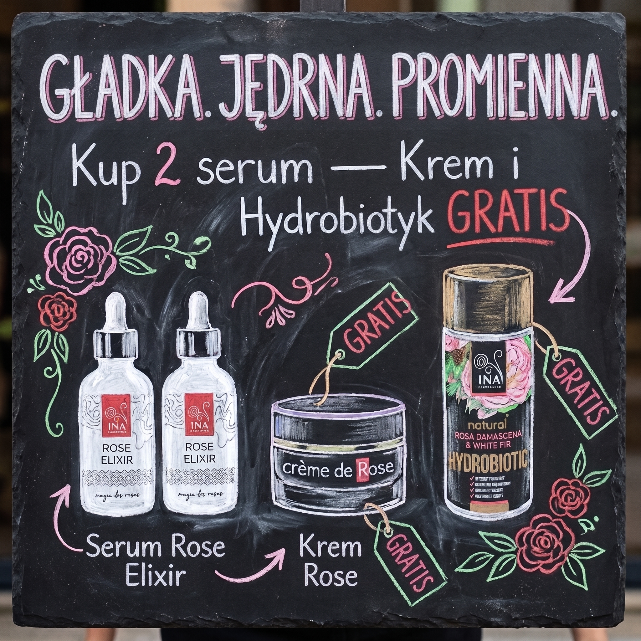 InaEssentials.pl - Naturalne i Organiczne Kosmetyki Facebook ad: Kup 2 serum Rose Elixir, krem i Hydrobiotic gratis