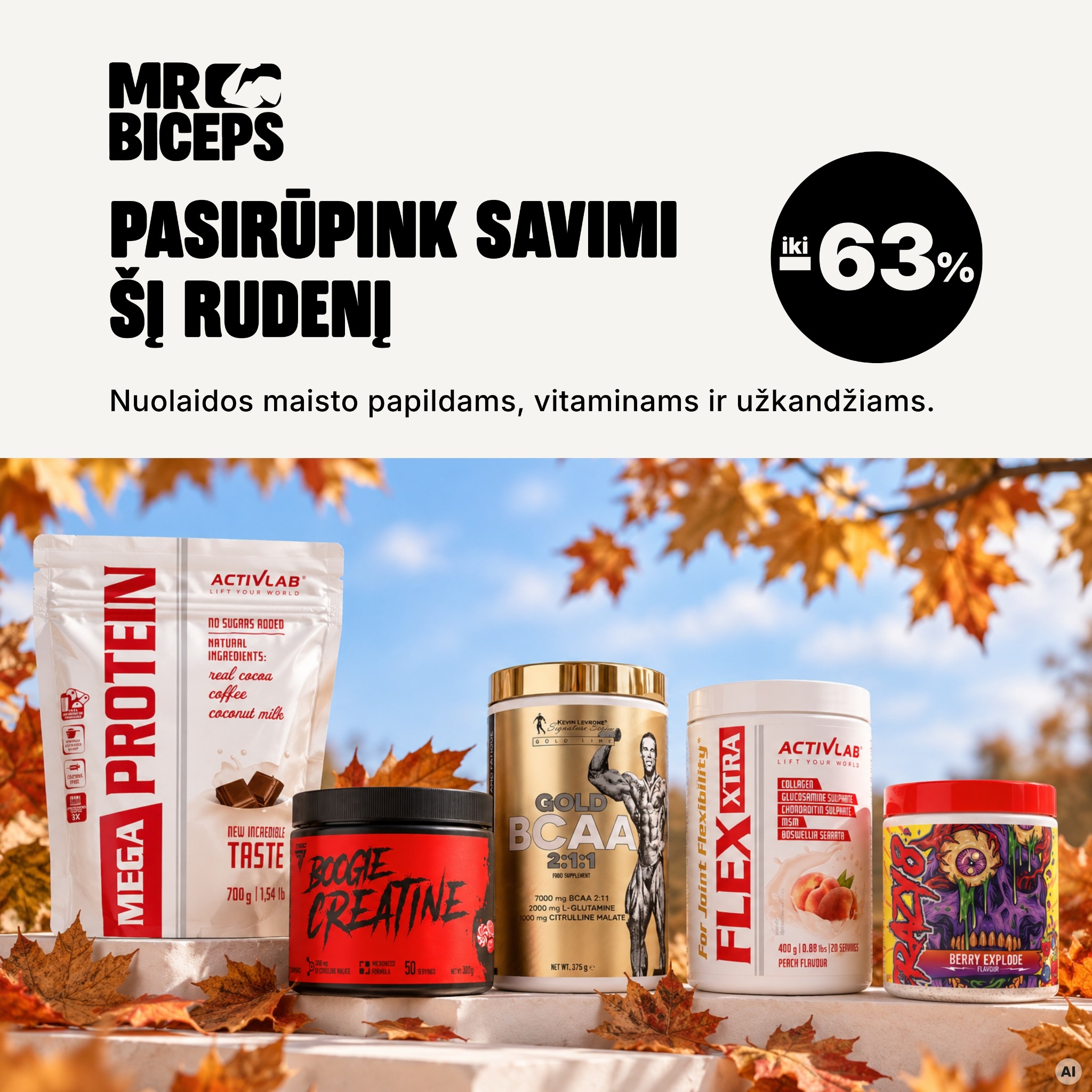 MrBiceps - Maisto Papildai Facebook ad: Papildyk atsargas pigiau