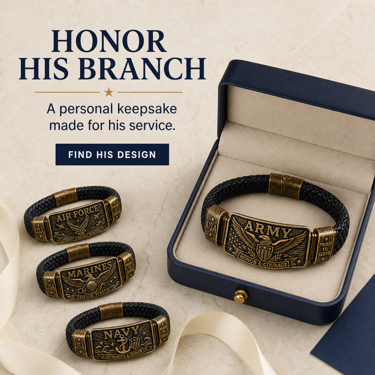 Sheown Facebook ad: Personalized Engraved Men's Military Woven Leather…