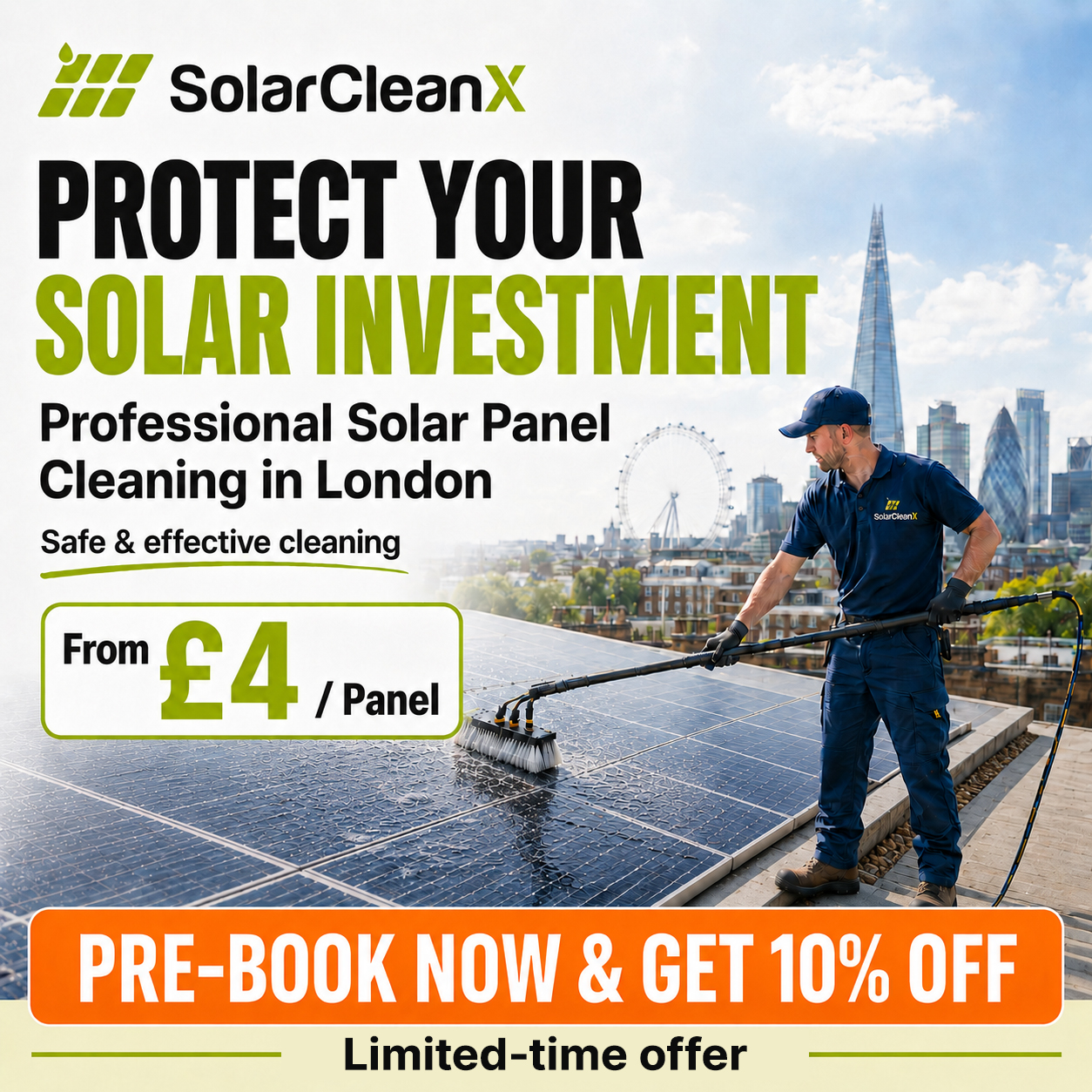 Solarcleanx Facebook ad: Your solar panels are an investment, help keep…