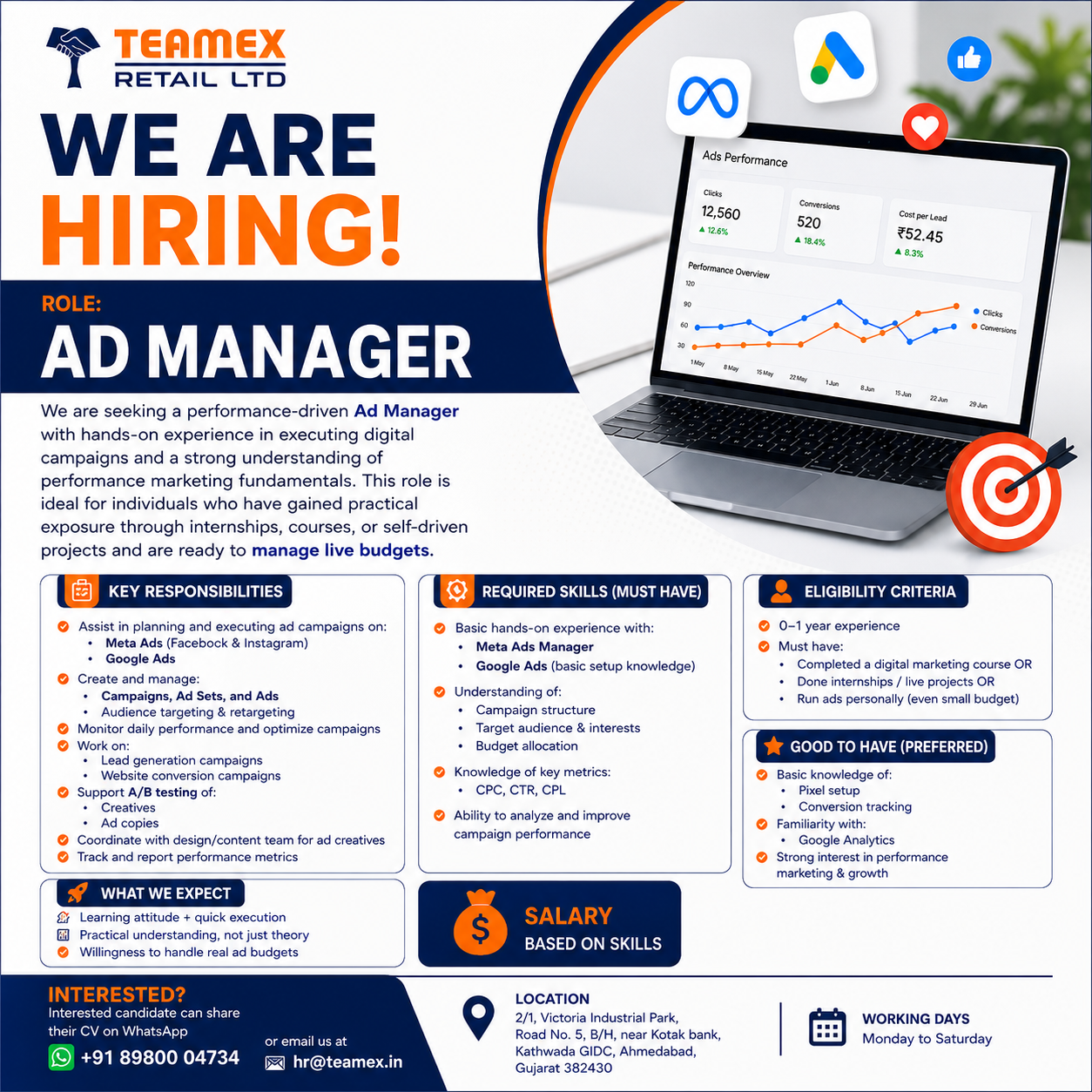 Teamex Retail Limited Facebook ad: Hiring Experienced Ad Manager, Ahmedabad