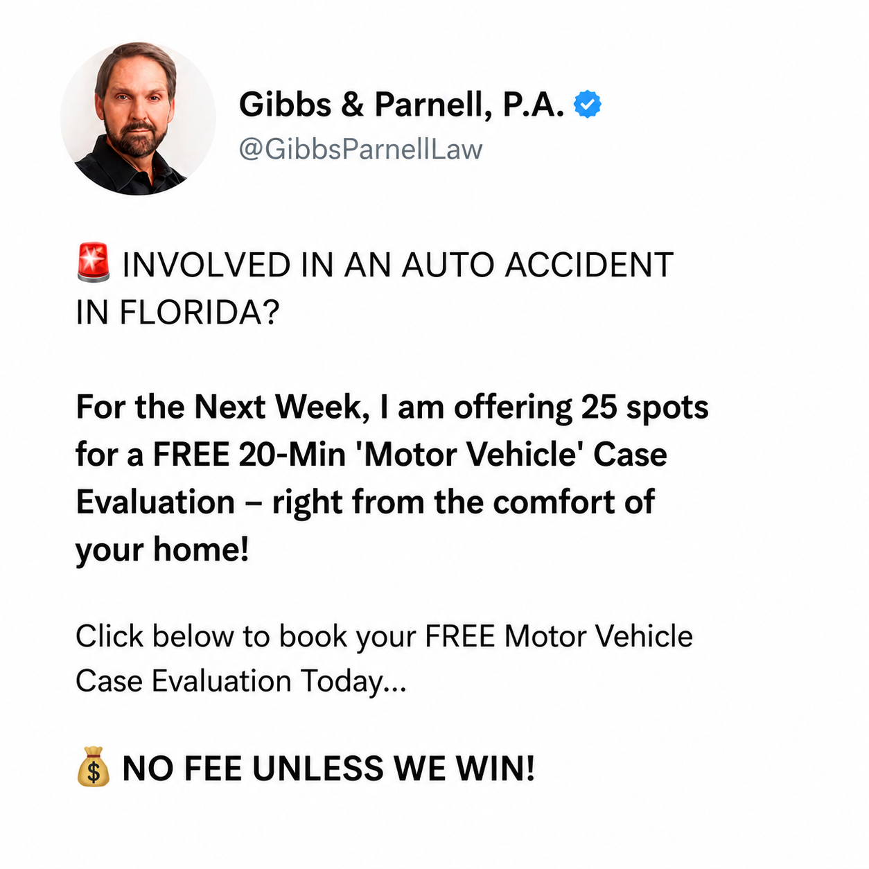 Gibbs and Parnell, P.A. Facebook ad: FREE 20-Min Motor Vehicle Accident Case Evaluation