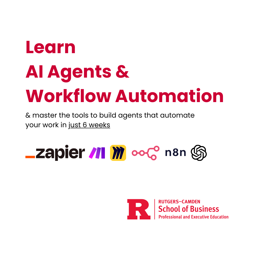 Rutgers Camden Bootcamps Facebook ad: AI Agents & Workflow Automation Certificate, 6 Weeks, 100%…