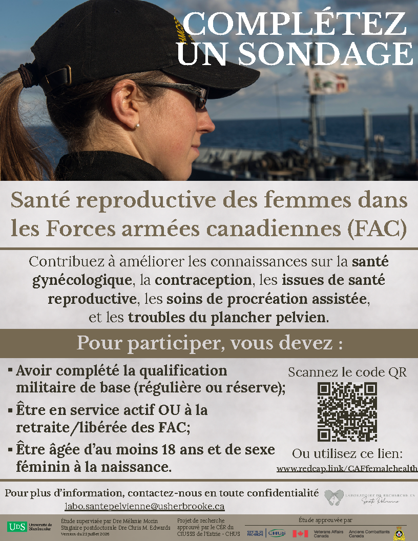 Laboratoire de recherche en santé pelvienne - officiel Facebook ad: Attention! Femmes ayant servi ou servant actuellement dans…