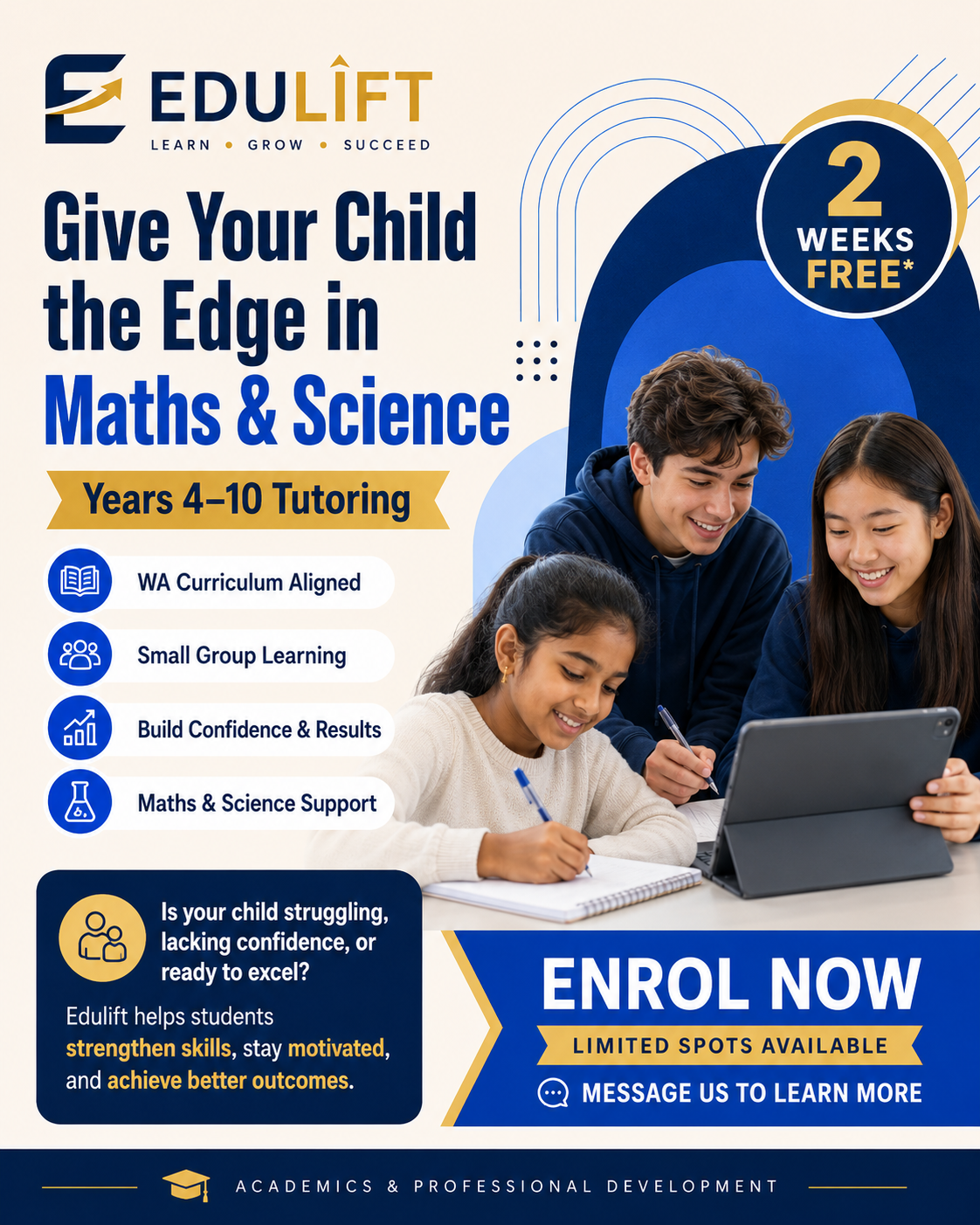 Edulift - Academic Tutoring Facebook ad: 2 Weeks Free, Maths & Science Tutoring