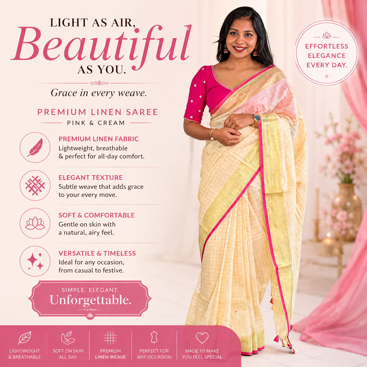 A K Silk Handloom Facebook ad: Buy Pink & Cream Linen Saree!