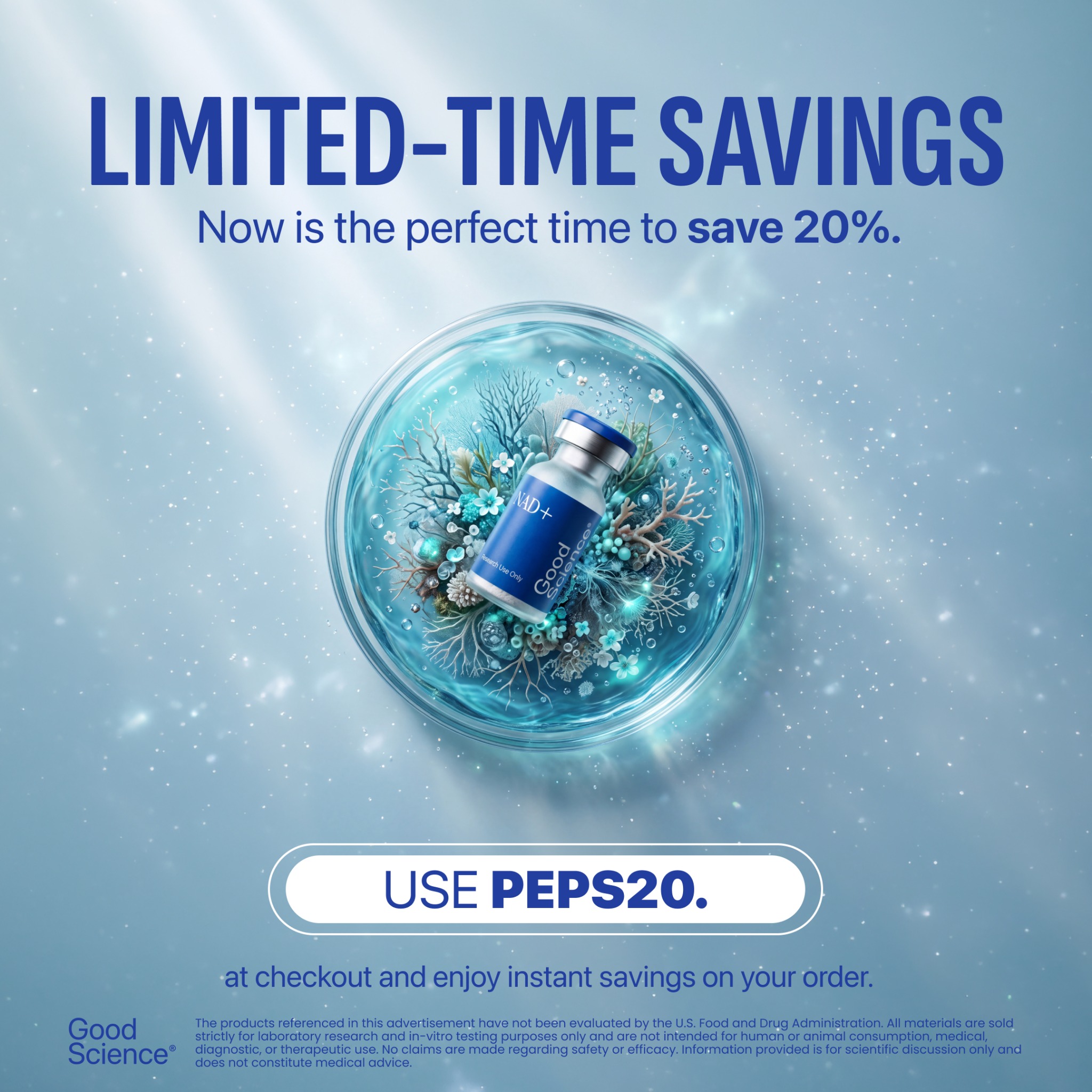 Good Science Facebook ad: Save 20% at Good Science | Code PEPS20, Limited Time