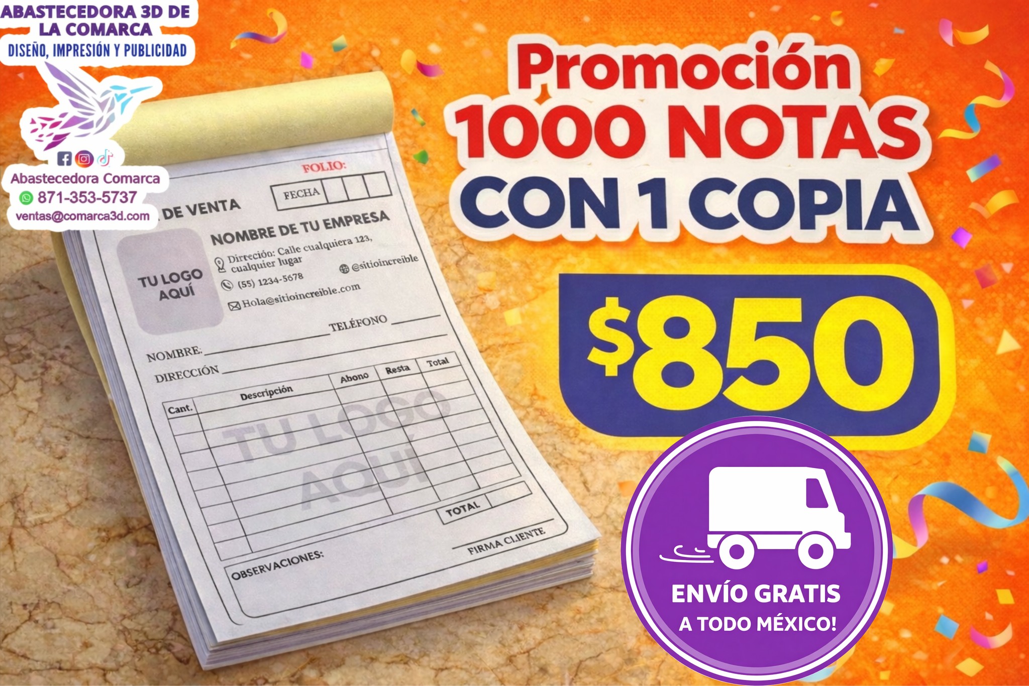 Abastecedora Comarca Facebook ad: Millar de Notas de Remisión 1/4 carta con…