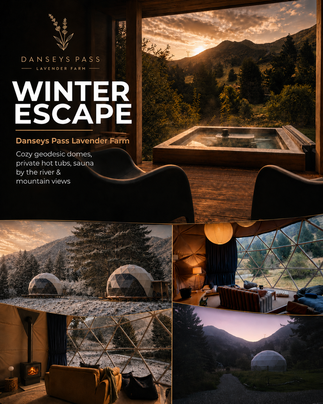 Danseys Pass Lavender Farm Facebook ad: Hot tubs • Dome accommodation • Sauna by the river