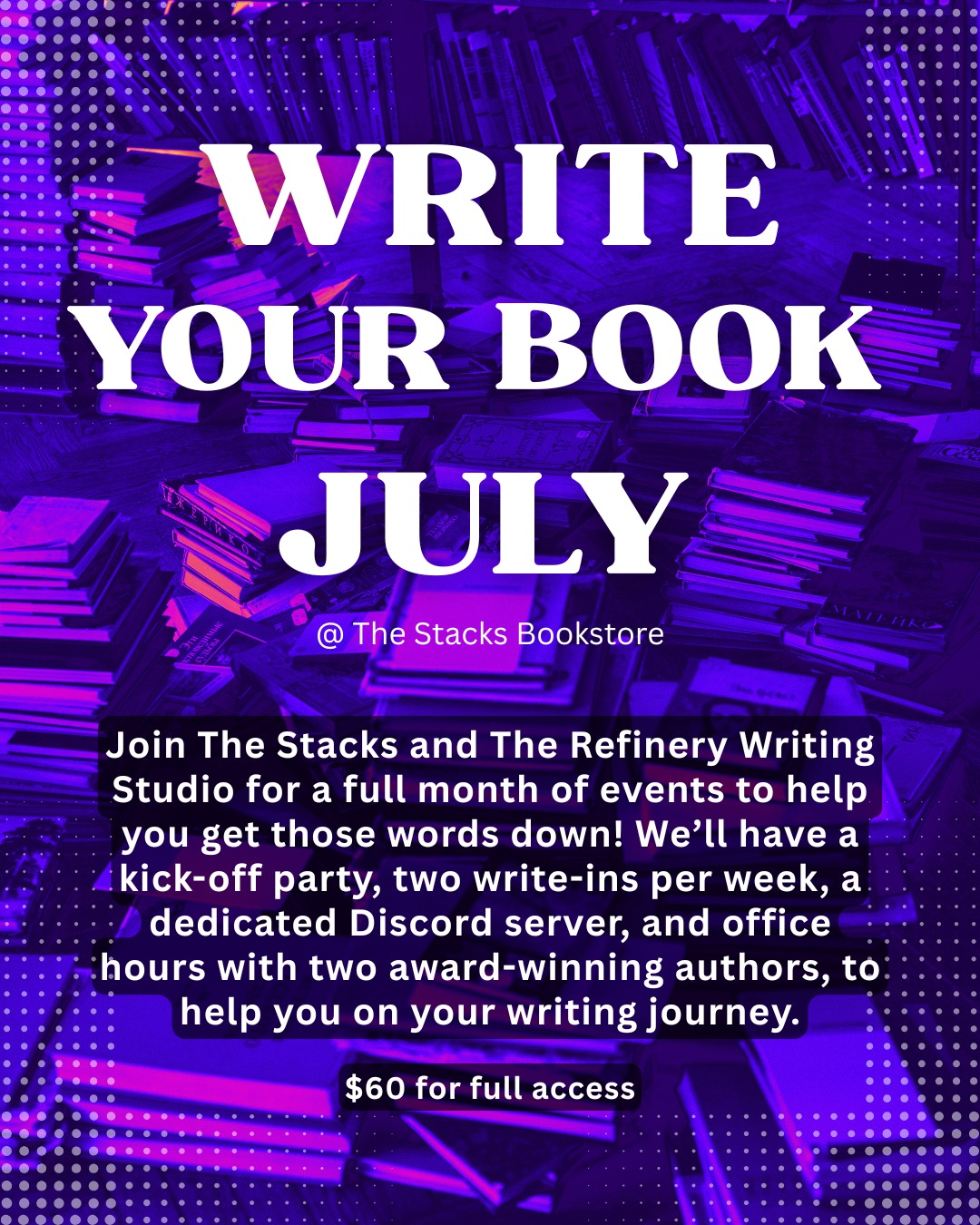 The Stacks Bookstore Facebook ad: The Stacks and The Refinery Writing Studio are…