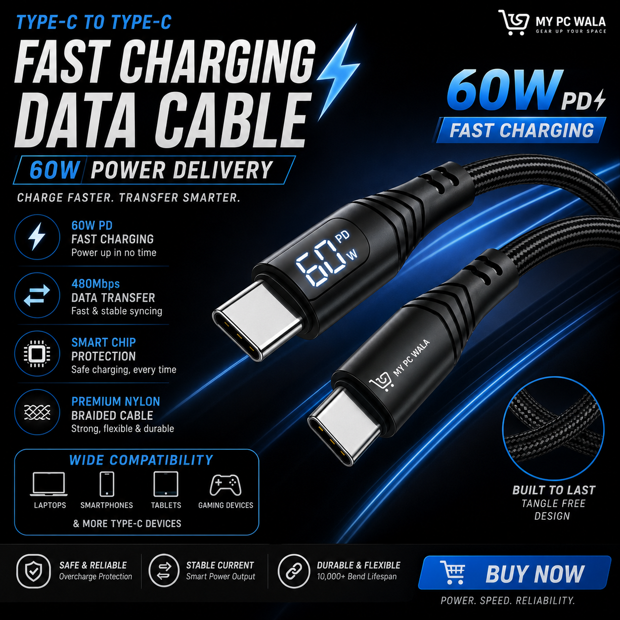 My Pc Wala.in Facebook ad: Charging Data Cable Type C To C 60W With Smart Indicator…
