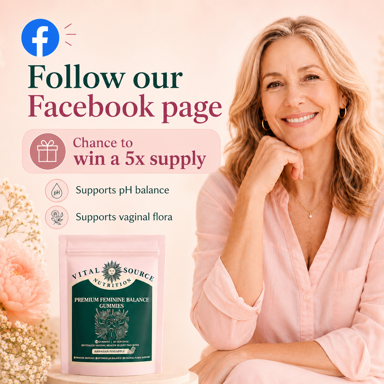 Supplement Market Facebook ad: We're giving one follower a 5x supply of…
