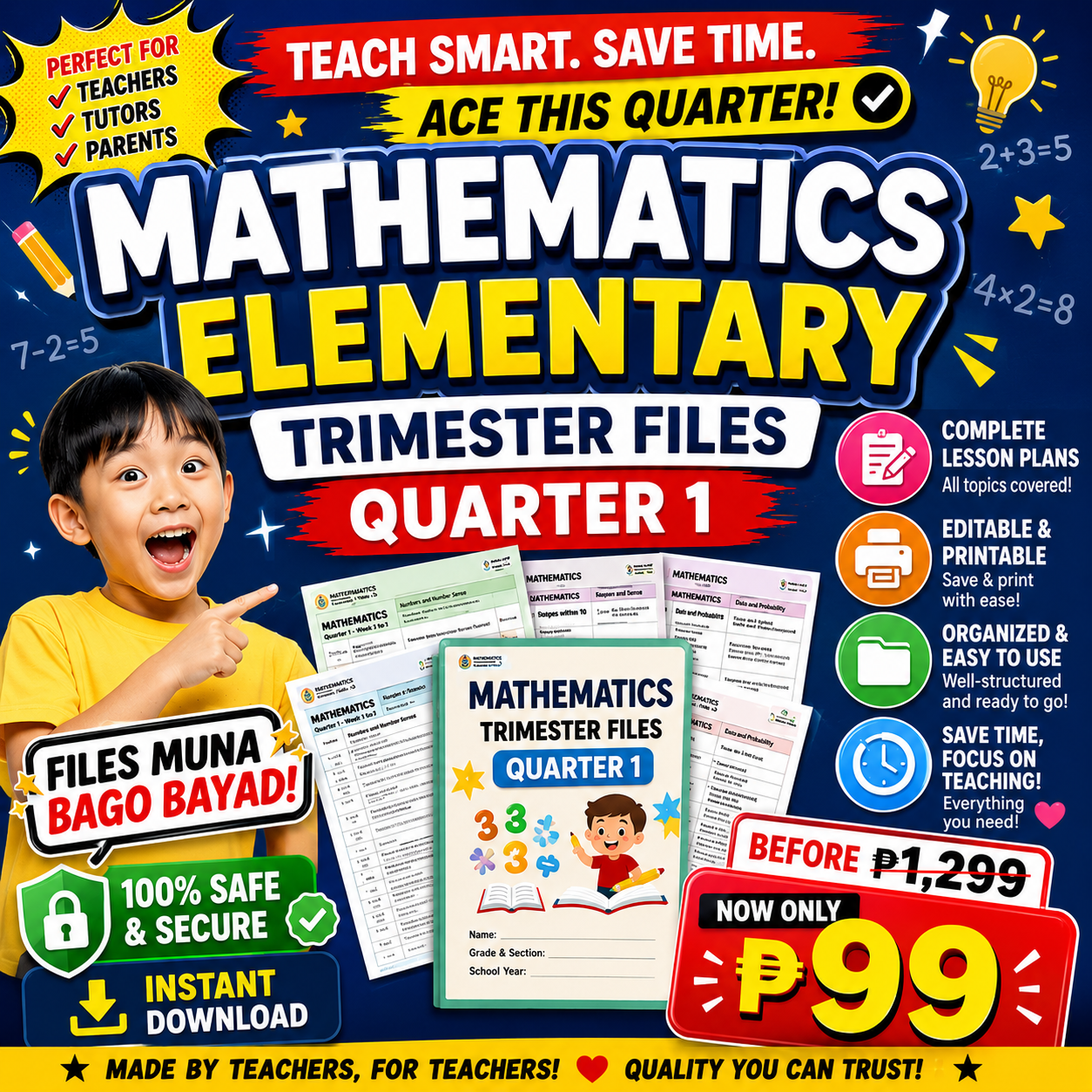 Mathematics Elementary Facebook ad: ₱1,299 ➜ ₱99 nalang! Complete Math Files na!
