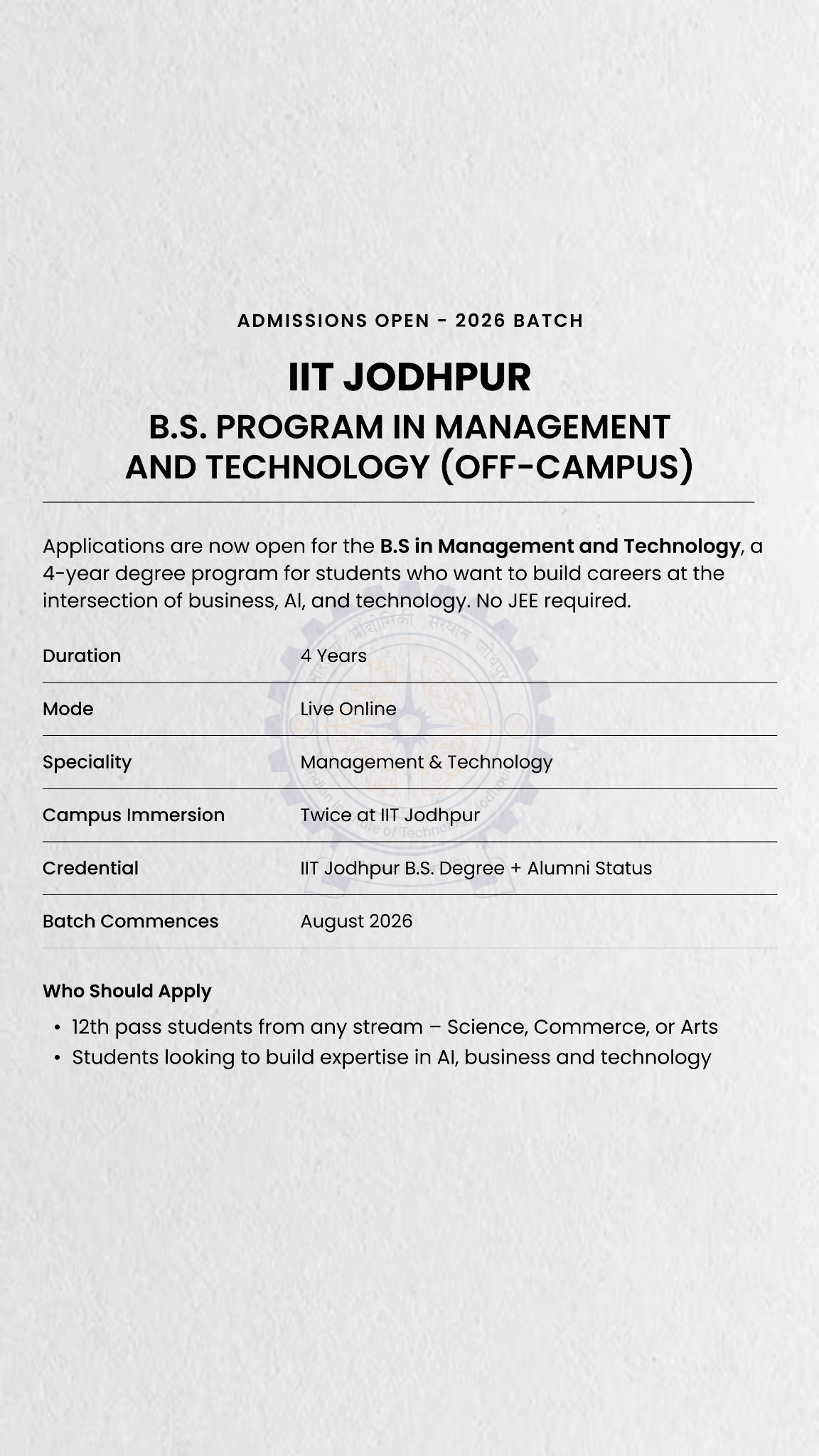 IIT Jodhpur - BS in Management & Technology Off-Campus Facebook ad from Jul 31, 2026