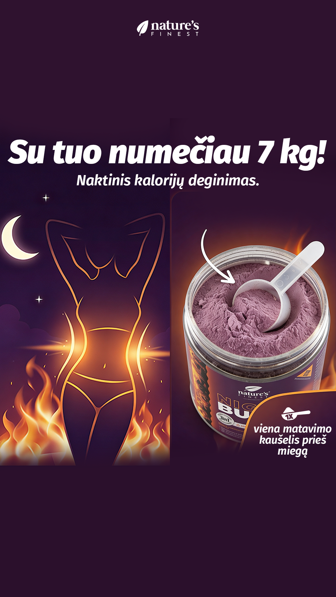 Nature's Finest Lithuania Facebook ad: Degink riebalus miegodamas