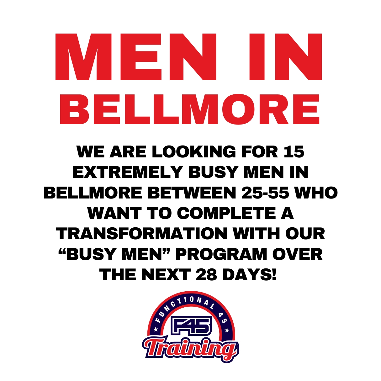 F45 Bellmore Facebook ad: Guys! 28 Days, 50% Off, Big Results!