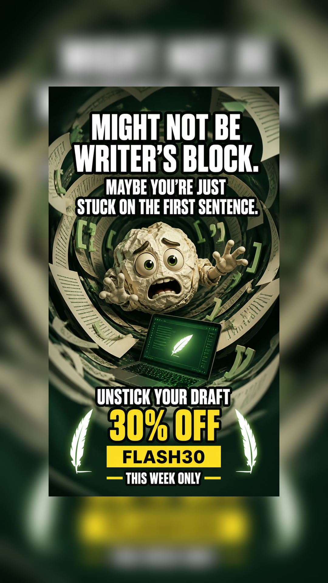 Writeless AI Facebook ad: 30% Off Writeless AI Today