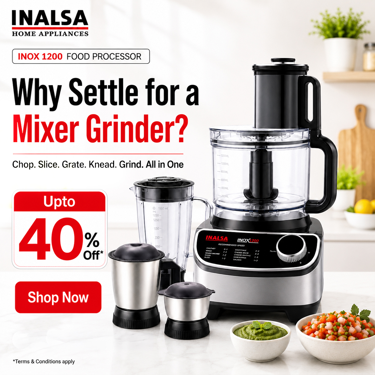 Inalsa Home Appliances Facebook ad: Chop. Blend. Grind. Knead.