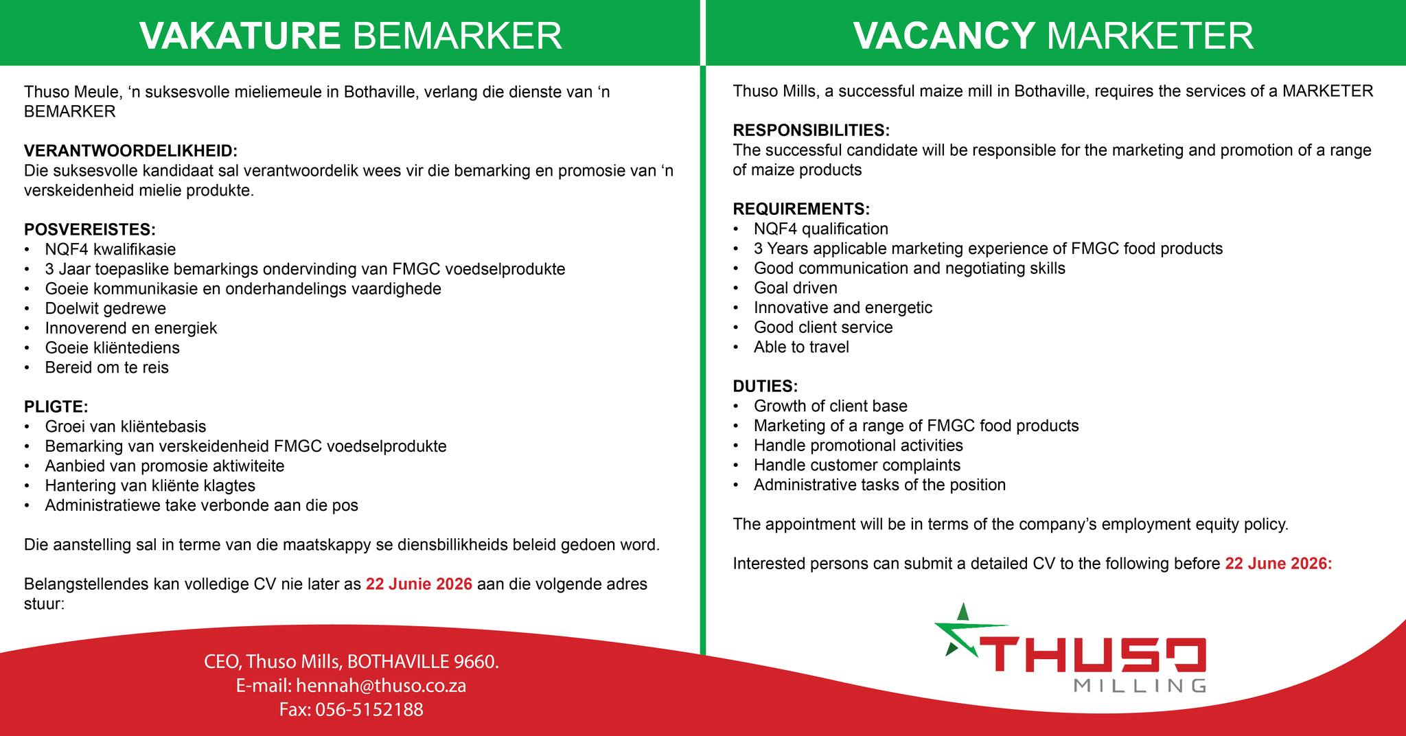 Bloemfontein Courant Facebook ad: ADVERTORIAL: CAREER OPPORTUNITY | MARKETER