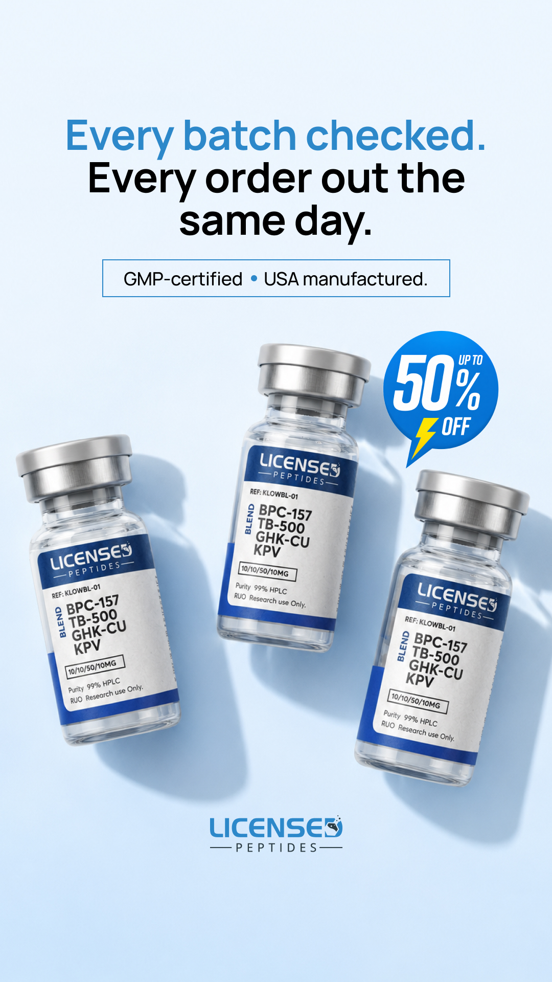 LicensedResearch.com Facebook ad: EVERY PEPTIDE DISCOUNTED, SALE ENDS SOON